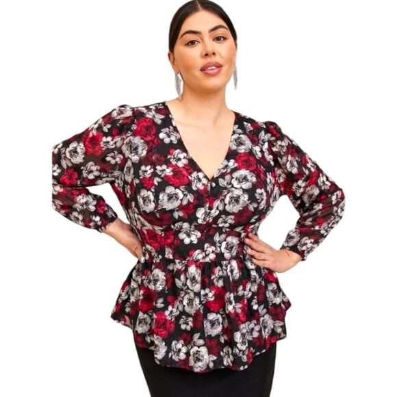 TORRID PeplumβChiffon Blouson Sleeve Floral V- Neck Top Plus Size 2X - Picture 2 of 16